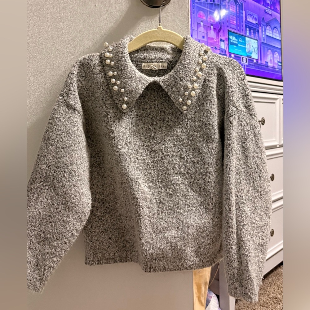 Copper Key Gray Pearl-Accent Knit Sweater